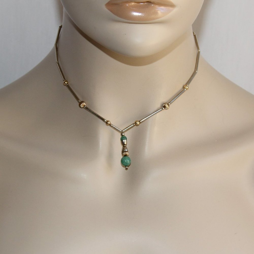 Vintage Sterling Silver, Brass Aventurine Necklace